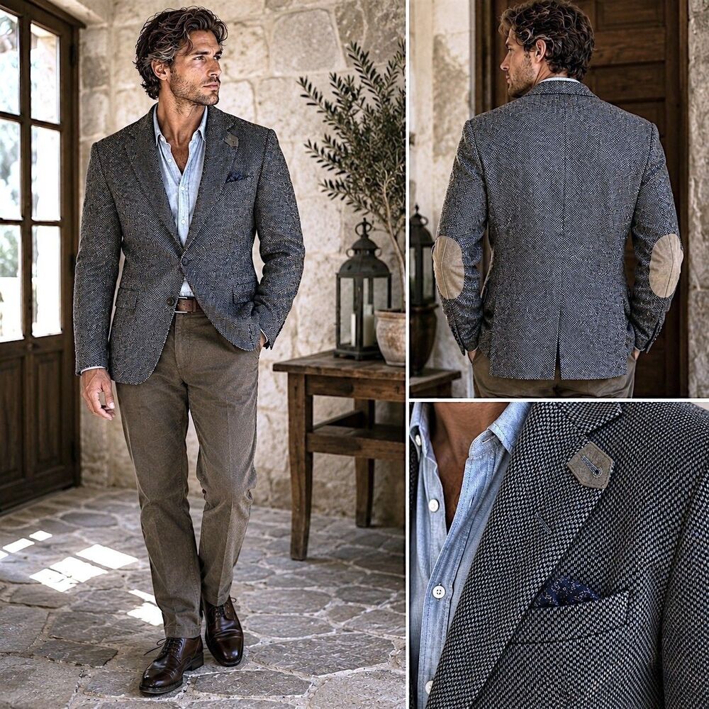 Vtg Donegal Wool Tweed Blazer 48L Suede Elbow Patch Fleck USA Old Money Stafford